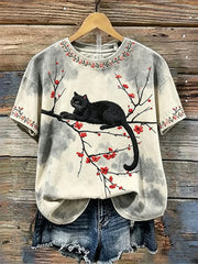 Women's Cute Flower Cat Short Sleeve T-shirt