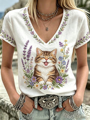 Women's Plants And Flowers Cute Cat Print V-Neck Casual T-Shirt