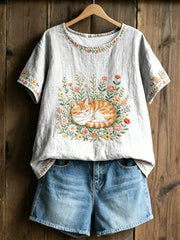 Women's Plants And Flowers Cute Cat Print Casual T-Shirt