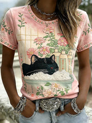 Women's Cat Print Casual T-Shirt