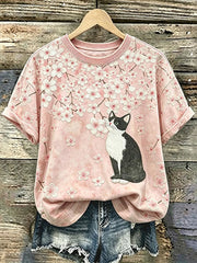Women's Casual T-Shirt with Cat and Animal Embroidery & Print