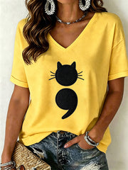 Women's Cat Print V-Neck T-Shirt