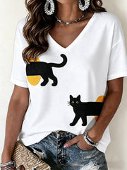 Women's Cat Pattern V-Neck T-Shirt