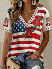 Women's Independence Day Anniversary Floral And Flag Art Cotton Linen V-neck Short Sleeve Top