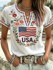 Women's America Floral Print V-Neck Casual T-Shirt