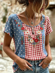 Women's Independence Day Anniversary Plaid Patchwork Flower Art Linen Short-sleeve Top