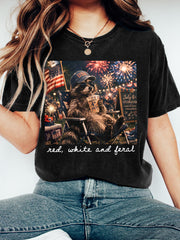 Women's Red White and Feral Print Washed T-Shirt