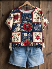 Women's Independence Day Anniversary Floral Art Cotton Linen Short-sleeve Top