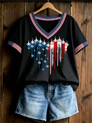 Women's Independence Day USA Flag Jet Heart Print Casual V-Neck Tee