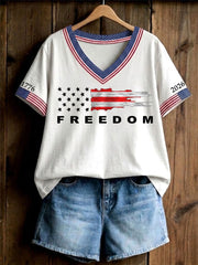 Women's Independence Day USA Flag Freedom Print Casual V-Neck Tee