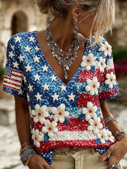 Women's American Flag Floral Print Short-sleeved T-shirt