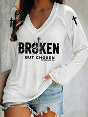 Women's Christian Cross Broken But Chosen Print V-neck Long Sleeve Tee