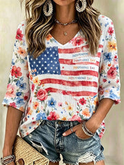 Women's Independence Day Flag & Floral Pattern Casual Cotton-Linen Shirt
