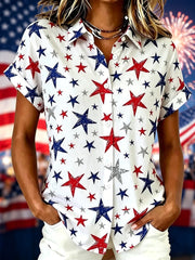 Women's Independence Day Red White Blue Stars Print Casual Patriotic Short Sleeve Shirt