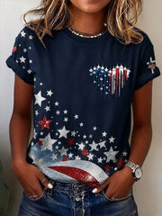 Women's Independence Day USA Flag Jet Heart Print Casual Patriotic Tee