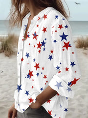Women's Independence Day Red White Blue Stars Print Casual Patriotic Long Sleeve Shirt