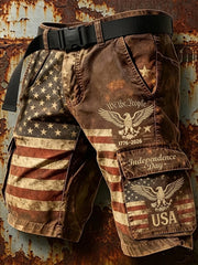 Men's Vintage Independence Day Retro American Flag Art Print Casual Shorts