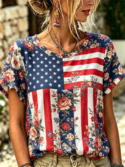 Women's Independence Day Floral USA Flag Print Tee