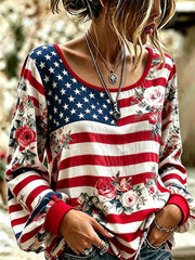 Women's Independence Day Floral USA Flag Print Top