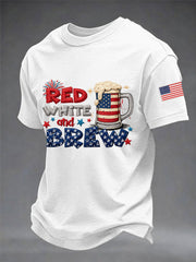 Men's Funny 4th Of July Red White & Brew Print Casual Tee