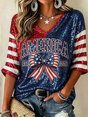 Women's Retro Independence Day USA Flag Art Print V-Neck T-Shirt