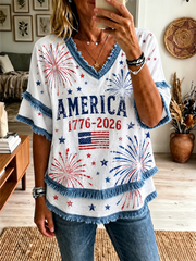 Women's America Printed Cotton-Linen Shirt