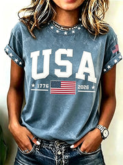 Women's Vintage Independence Day USA Flag Art Print Short Sleeve T-shirt