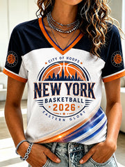 Women's New York Basketball Printed V-neck T-shirt