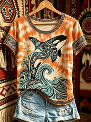 Women's Casual T-Shirt with North American Indigenous Whale Totem Design