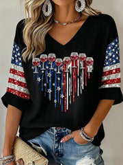 Women's Red Wine Glass Heart National Flag Waffle T-shirt