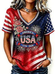 Women's USA 1776-2026 Classy Roses American Flag Gradient Print short-sleeved T-shirt