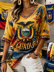 Women's Mid-length Sleeves V-Neck T-Shirt
