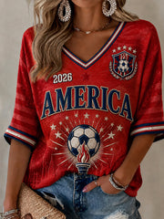 Women's Gift For Soccer Fans Print Mid-length Sleeves V-Neck T-Shirt