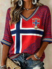 Women's Norway Football Viking Celtic Knot Flag Colorblock Print Mid-length Sleeves V-Neck T-Shirt