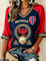 Women's Norway Football Viking Phoenix Celtic Knot Flag Contrast Print Mid-length Sleeves V-Neck T-Shirt