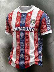 Men's Paraguayan pattern print color-blocked striped design T-shirt