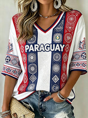 Women's Paraguayan Pattern Print Color-blocked Striped Design Mid-length Sleeves V-Neck T-Shirt