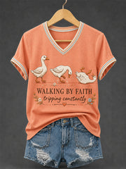 Women's Walking by Faith Tripping Constantly Goose Print Christian Inspirational V-Neck Tee