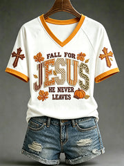 Women's Fall For Jesus He Never Leaves T-Shirt