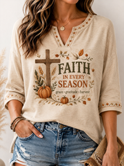 Women's Fall Casual Faith Graphic Print Mid-length Sleeves V-Neck T-Shirt