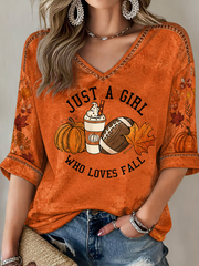 Women's Fall Printed Mid-length Sleeves V-Neck T-Shirt