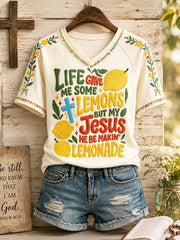 Women's "Life gave me some lemons, but my Jesus is making lemonade." Christian V-neck T-shirts