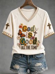 Women's Christian God Is Good All The Time Cross V-neck Short Sleeve T-shirt