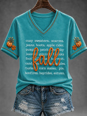 Women's Cozy Fall Maple Leaf Pumpkin V-Neck Short Sleeve T-shirt
