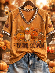 Women's Thanksgiving Pumpkin Maple Leaf TIS THE SEASON V-neck Short Sleeve T-shirt