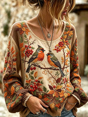 Women's autumn theme animal pattern printed casual cotton and linen shirt