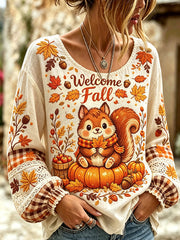 Women's autumn theme animal pattern printed casual cotton and linen shirt