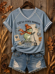 Women's Off To Cozy Season Printed V-neck Off-shoulder T-shirt