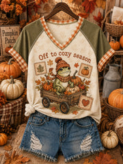 Women's Off To Cozy Season Printed V-neck Off-shoulder T-shirt
