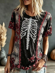 Women's Gothic Skull Rose Floral Cotton Linen Shirt